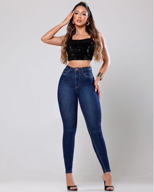 Calça Jeans Feminina Hot com Detalhe No Espelho Cintura Alta 24480 Escura