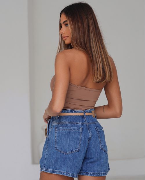 Shorts Jeans Feminino Mom com Cinto Pu 24424 Sky Médio