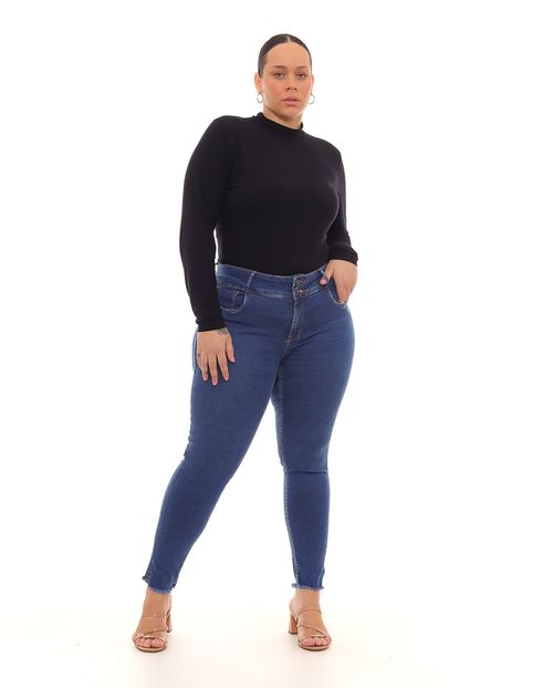Calça Jeans Skinny Plus Size Feminina Cintura Média Botão Duplo 22940 Escura