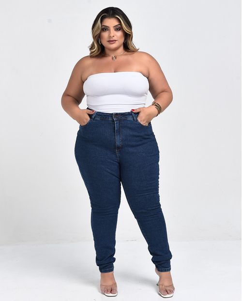 Calça Jeans Feminina Mom Plus Size Básica com Elastano 00229 Escura