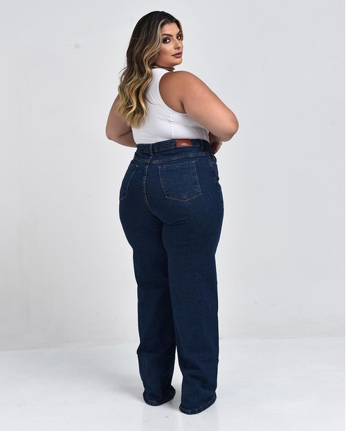 Calça Jeans Wide Leg Plus Size Feminina Cintura Alta Básica 28006 Escura