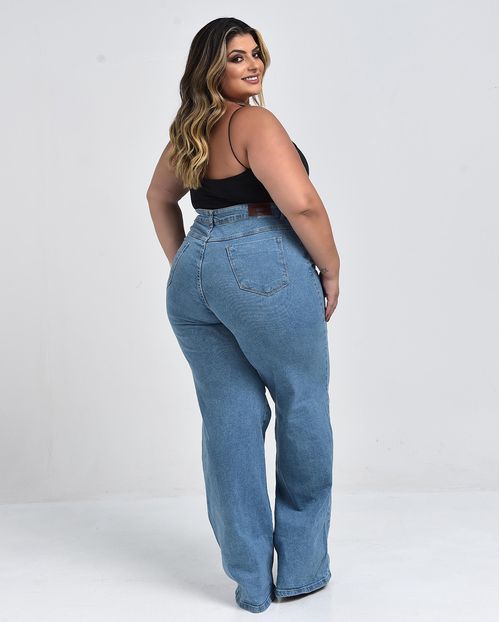 Calça Jeans Wide Leg Plus Size Feminina Cintura Alta Básica 28006 Média