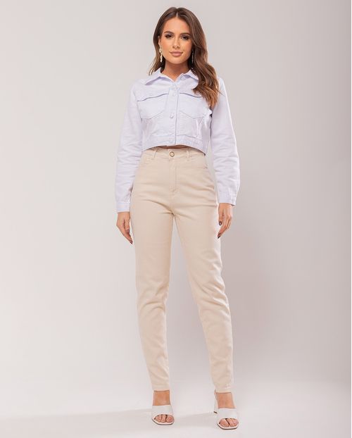 Calça Jeans Off Mom Feminina Cintura Alta Básica Color 23780 Off White