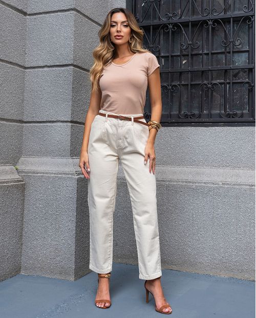 Calça Jeans Feminina Reta Cós Revel e Cinto Caramelo 24456 Off White
