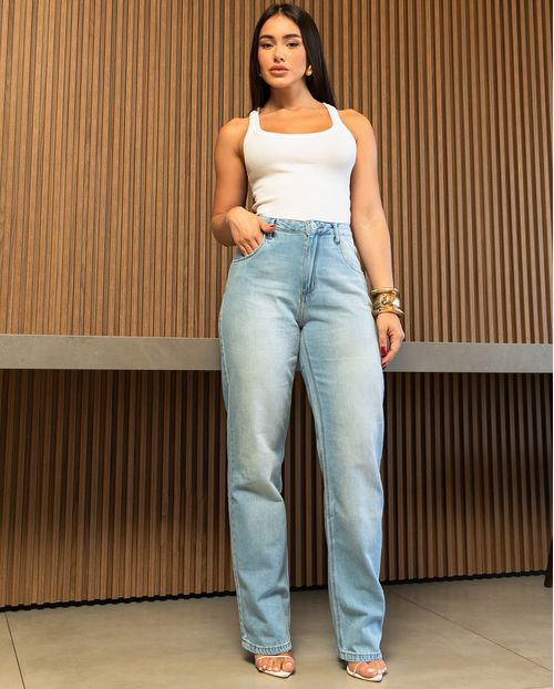 Calça Jeans Reta Feminina Cintura Alta Detalhe Bolso Ana Castela 24361 Clara