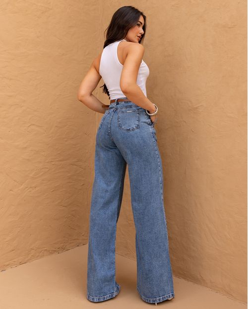 Calça Jeans Feminina Wide Leg com Cinto 24513 Sky Médio