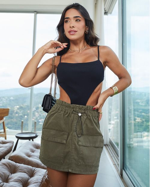 Mini Saia Sarja Parachute Cargo Cintura Média Bolsos 23032 Verde Militar