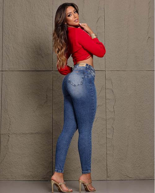 Calça Jeans Skinny Feminina com Costura Detalhada Cintura Média 24504 Sky Médio