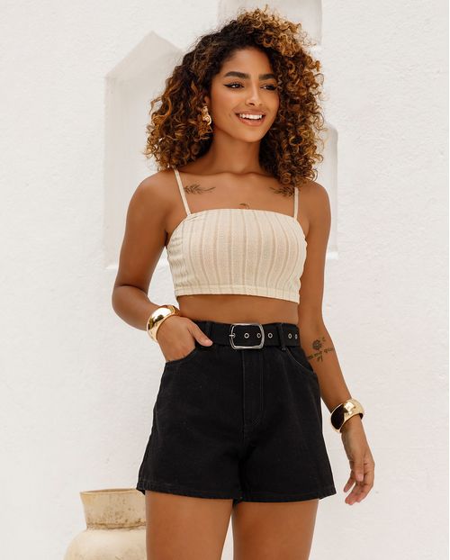 Shorts Jeans Mom Feminino com Cinto Cintura Alta 71101 Preto