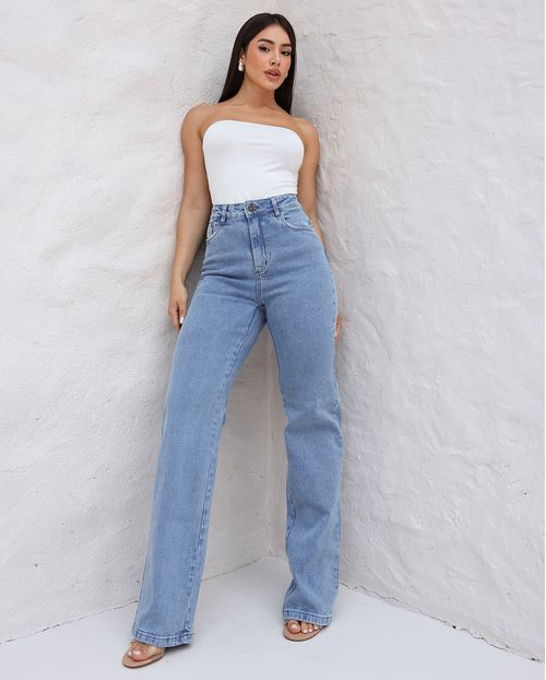 Calça Jeans Feminina Wide Leg Basica Cintura Alta 28018 Sky Claro