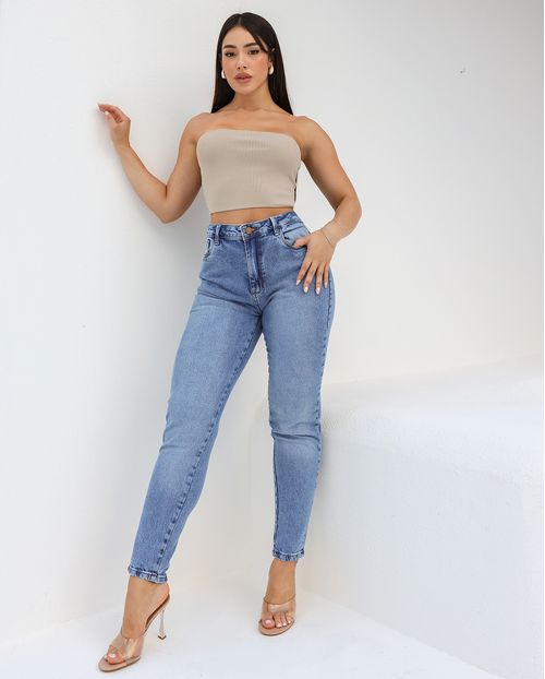 Calça Jeans Mom Feminina Cintura Alta Básica com Elastano 23916 Sky Médio