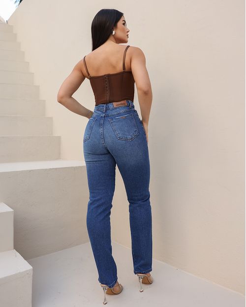 Calça Jeans Reta Feminina Cintura Alta com Elastano 23918 Sky Escuro