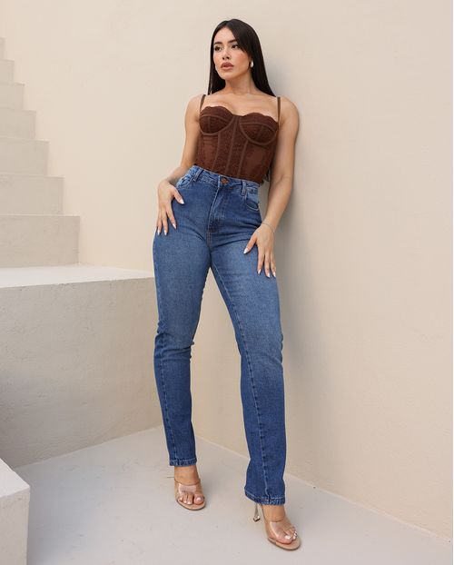 Calça Jeans Reta Feminina Cintura Alta com Elastano 23918 Sky Escuro