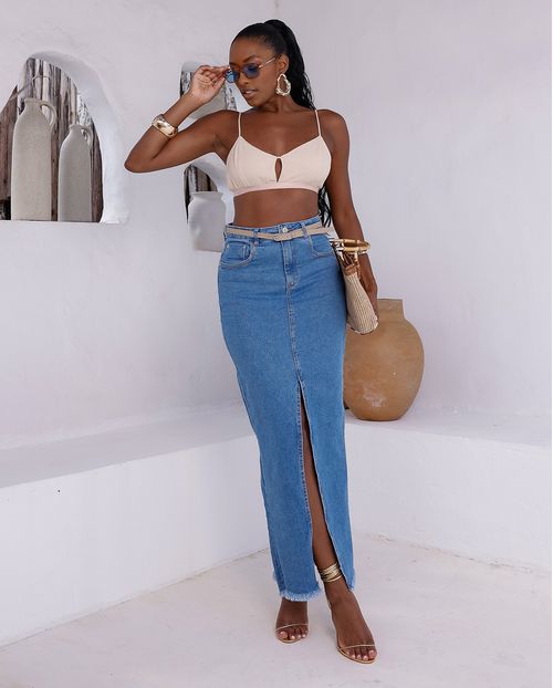 Saia Jeans Longa Feminina Cintura Alta Abertura Frontal 23534 Média