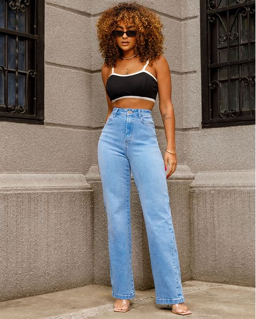 Calça Jeans Wide Leg Feminina Basica Cintura Alta  28013 Média