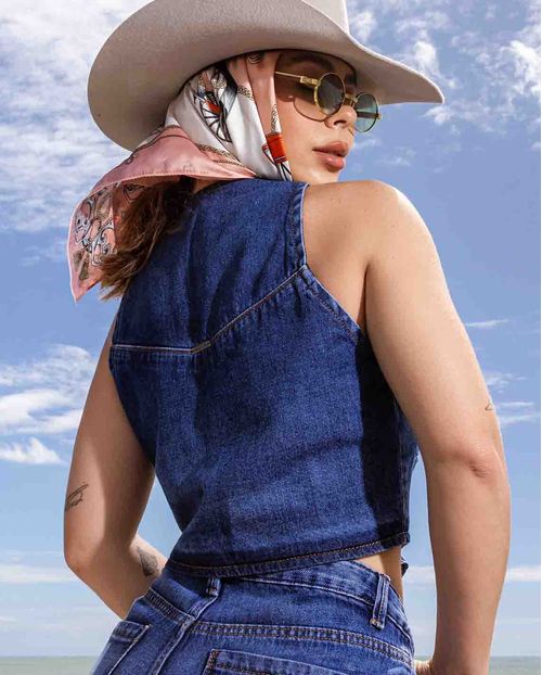 Colete Jeans Feminino com Bolso Embutido 24392 Escura
