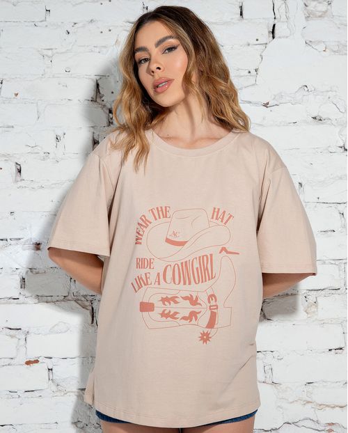 Camiseta Feminina Alongada Cowgirl 90231 Caqui