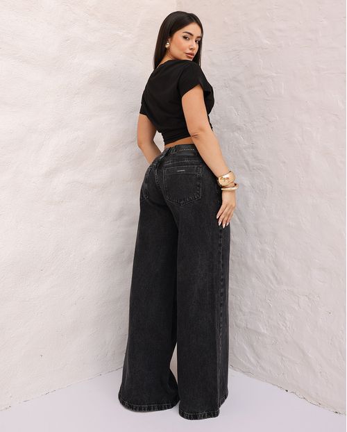Calça Jeans Wide Leg Feminina Relaxed Cintura Baixa 29909 Vintage Escuro