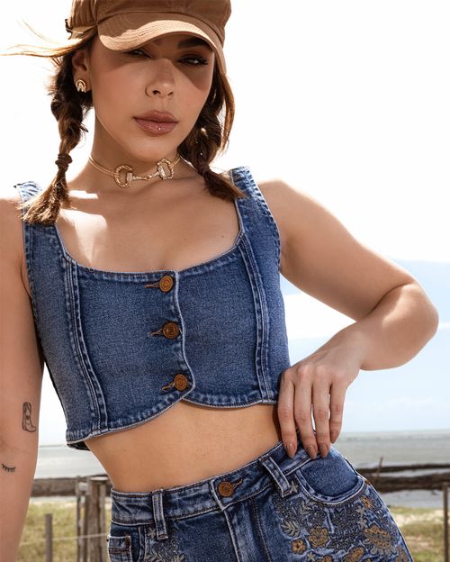 Top Jeans Feminino com Alça e Botões  Ana Castela 24363 Média