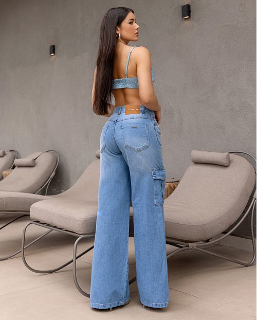 Calça Jeans Feminina Wide Leg Cargo Relaxed Cintura Baixa 29215 Média