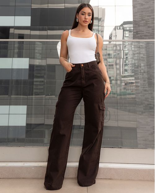Calça Sarja Wide Leg Feminina Cintura Alta Bolsos Cargo 21389 Marrom