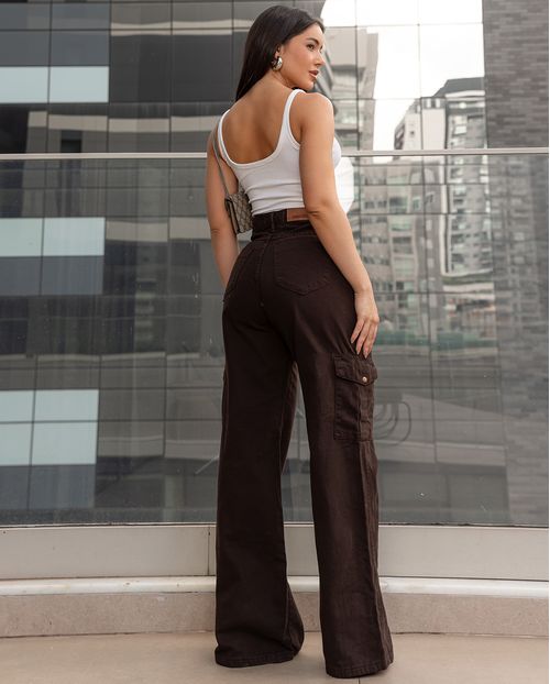 Calça Sarja Wide Leg Feminina Cintura Alta Bolsos Cargo 21389 Marrom