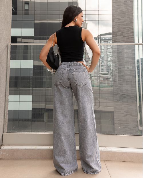 Calça Jeans Wide Leg Feminina Relaxed Cintura Baixa 29909 Cinza