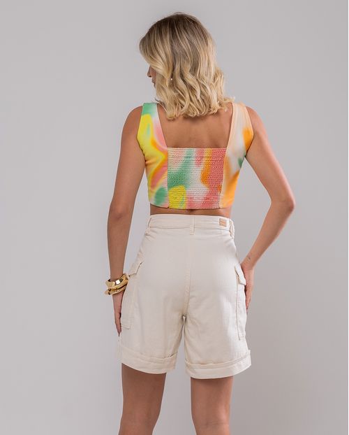 Shorts Jeans Cargo Feminino Cintura Alta Barra Italiana 23655 Off White