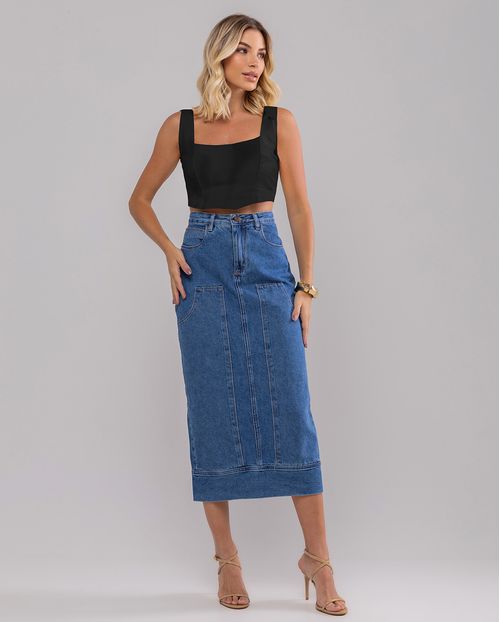 Saia Jeans Midi Feminina Cintura Alta Detalhe Barra 23700  Escura