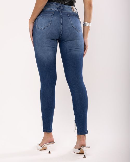 Calça Jeans Skinny Feminina Cintura Média Detalhe Aplicação 23720 Escura