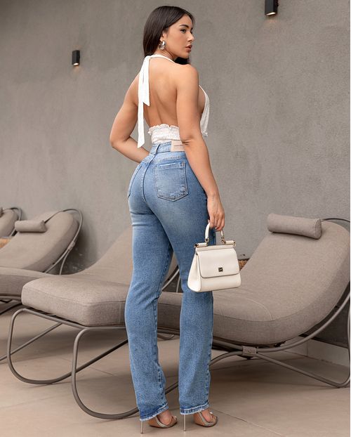 Calça Jeans Feminina Reta Básica Cintura Alta 24003 Sky Claro