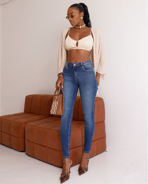 Calça Jeans Skinny Feminina Básica Cintura Média 24588 Escura