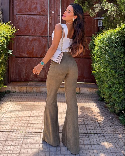 Calça Camurça Flare Feminina Cintura Alta  90441 Verde Militar