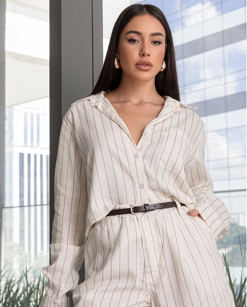 Camisa Linho Feminina Cropped Listrada 24559 Listrado Off White