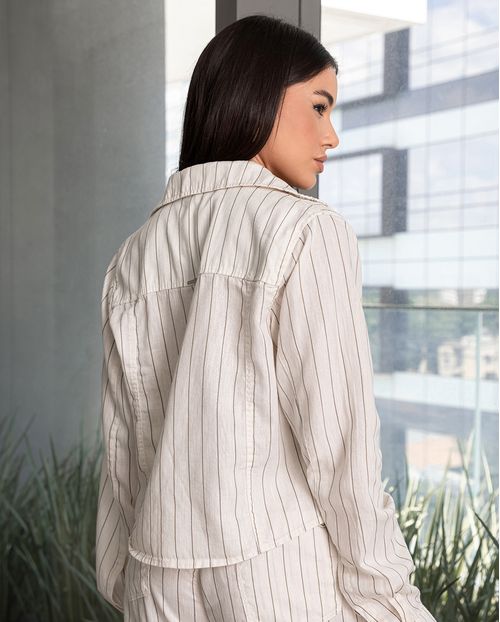 Camisa Linho Feminina Cropped Listrada 24559 Listrado Off White