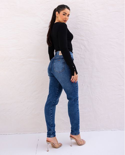 Calça Jeans Mom Feminina Básica Cintura Alta 00263 Sky Escuro