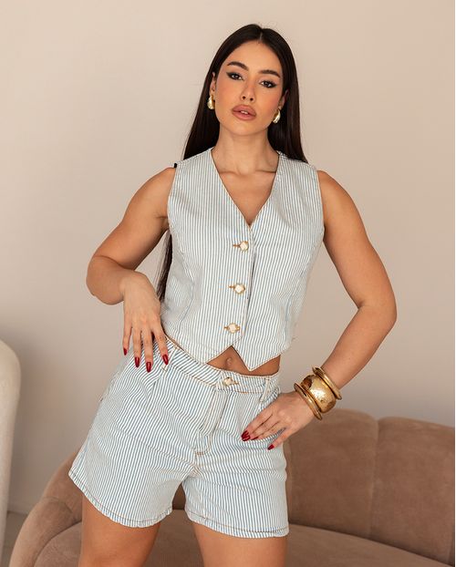 Colete Jeans Feminino Listrado 24646 Listrado Claro
