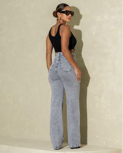 Calça Jeans Wide Leg Feminina Cintura Alta Básica com Elastano 28000 Cinza