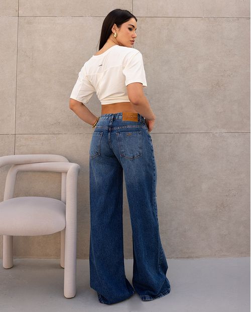 Calça Jeans Wide Leg Feminina Relaxed Cintura Baixa 29909 Sky Escuro