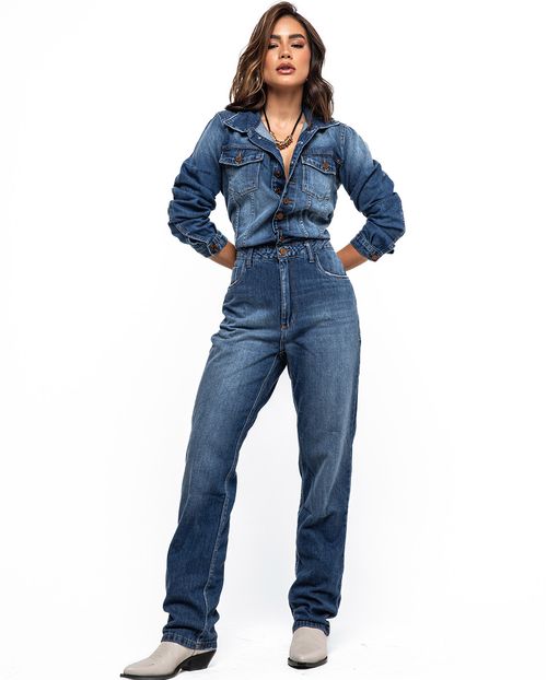 Macacão Jeans Oversized Feminino Manga Longa 23711 Escura