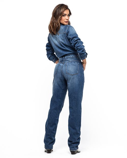 Macacão Jeans Oversized Feminino Manga Longa 23711 Escura