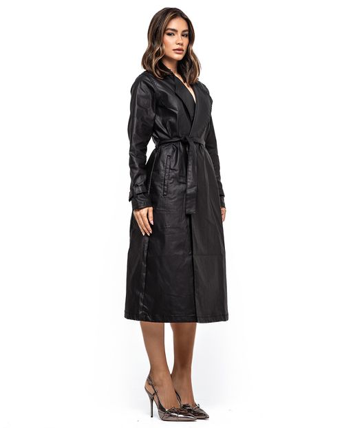 Trench Coat Material Sintético Resinado Feminino 23783 Preto