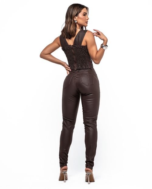 Calça Couro Skinny Feminina Cintura Média Básica 22061 Marrom