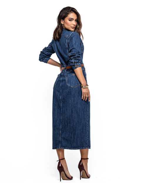 Vestido Jeans Feminino com Cinto P.U 24544 Escura