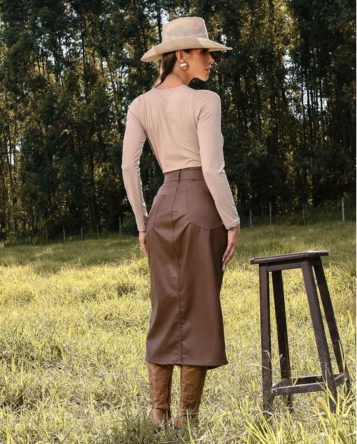 Saia Midi Feminina Material Sintético com Cinto  24638 Marrom