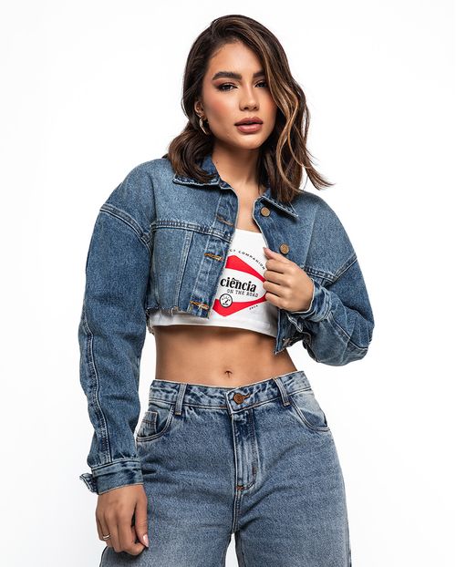 Jaqueta Jeans Feminina Over Cropped 24167 Medio Vintage