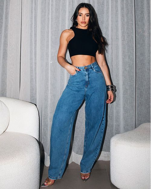 Calça Jeans Barrel Feminina Cintura Alta Básica 24375 Média