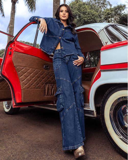 Calça Jeans Feminina Wide Leg Relaxed Cargo 24565 Escura
