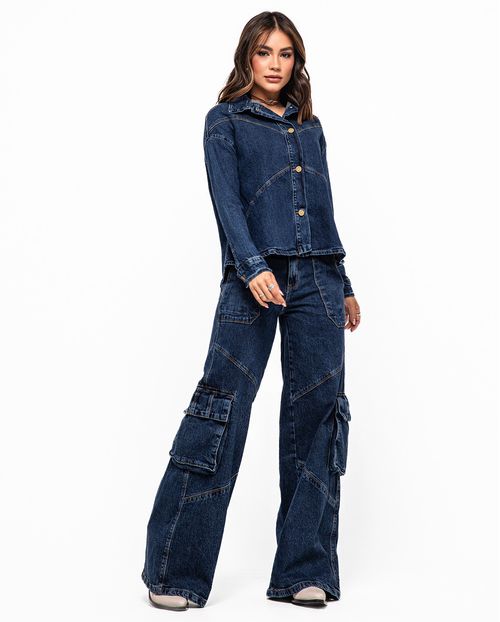 Calça Jeans Feminina Wide Leg Relaxed Cargo 24565 Escura