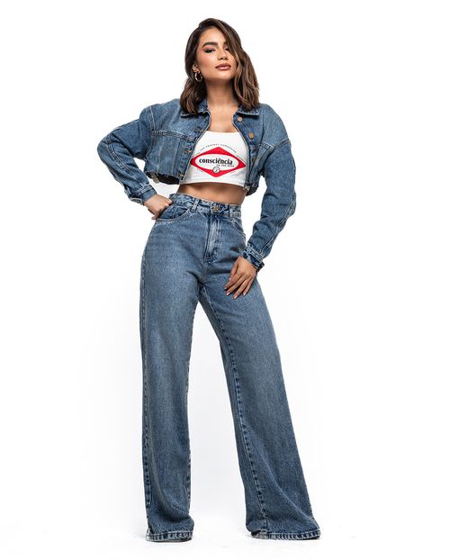 Calça Jeans Feminina Wide Leg Básica Cintura Alta 24578 Sujinha